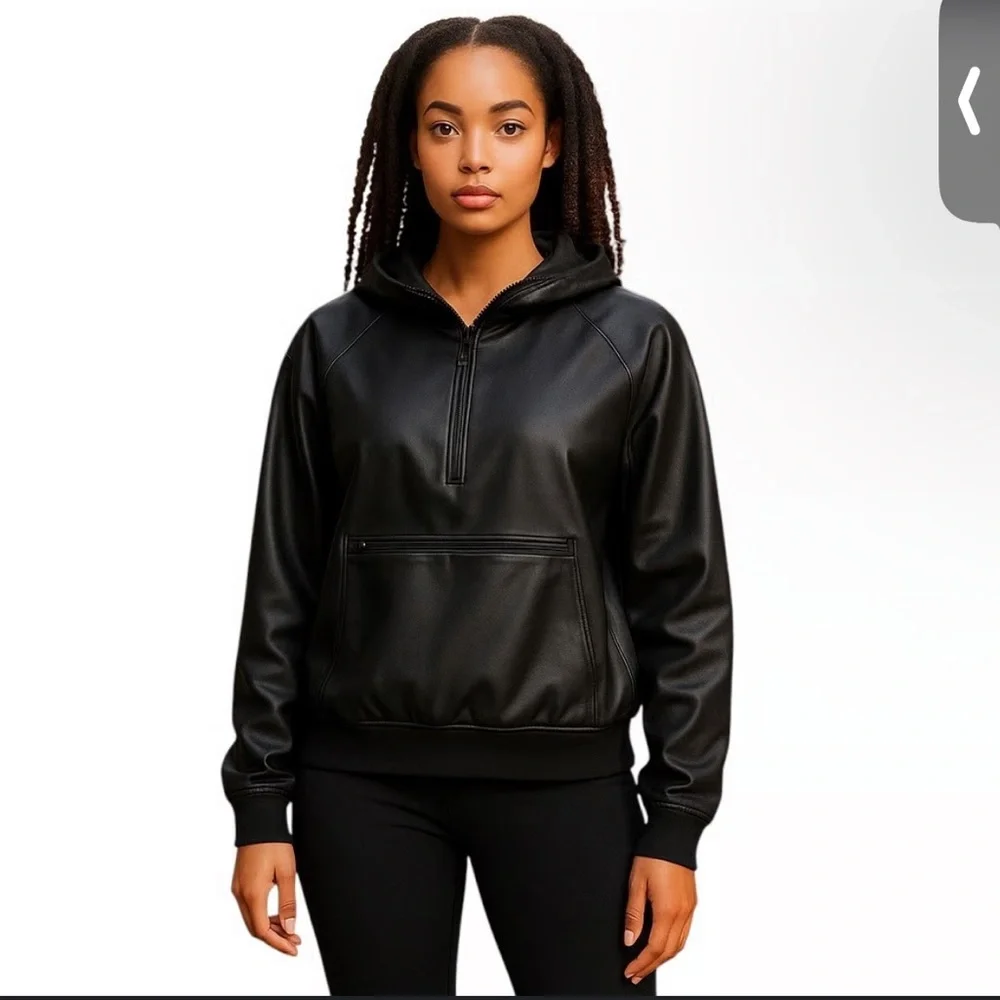 Maison d'Amelie Black Faux Leather Half Zip Pullover Hooded pullover size S - Picture 1 of 6